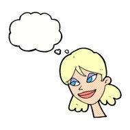 cartoon happy female face with thought bubble N180