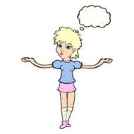 cartoon woman shrugging shoulders with thought bubble N474