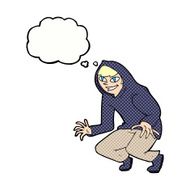 cartoon mischievous boy in hooded top with thought bubble N8