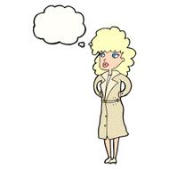 cartoon woman in trench coat with thought bubble N26