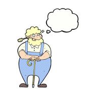 cartoon farmer leaning on walking stick with thought bubble N6