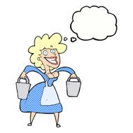 cartoon milkmaid carrying buckets with thought bubble N10