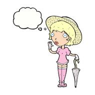 cartoon woman in summer hat waving with thought bubble N10