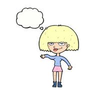 cartoon smug woman making dismissive gesture with thought bubble N10