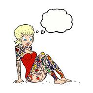 cartoon tattoo girl in swimsuit with thought bubble N8