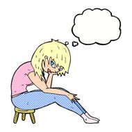 cartoon woman sitting on small stool with thought bubble N10