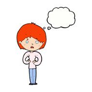 cartoon woman making Who Me? gesture with thought bubble N44