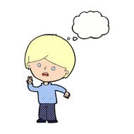 cartoon unhappy boy giving peace sign with thought bubble N10