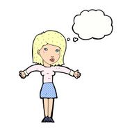 cartoon woman shrugging shoulders with thought bubble N476