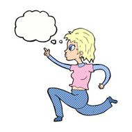 cartoon woman running and pointing with thought bubble N9
