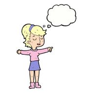 cartoon happy woman pointing with thought bubble N65