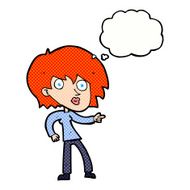 cartoon surprised woman pointing with thought bubble N10