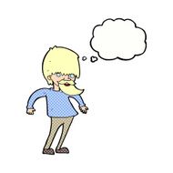 cartoon bearded man shrugging shoulders with thought bubble N10