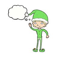 cartoon waving christmas elf with thought bubble N10