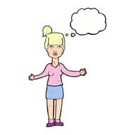 cartoon woman shrugging shoulders with thought bubble N479