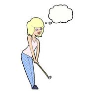 cartoon woman playing golf with thought bubble N19