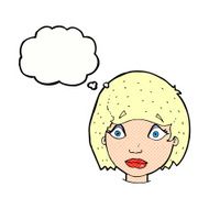 cartoon worried female face with thought bubble N10