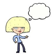 cartoon happy woman pointing with thought bubble N66