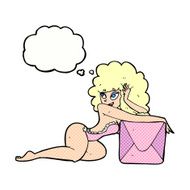 cartoon pin up woman with box thought bubble N9