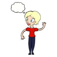 cartoon woman waving with thought bubble N332