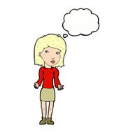 cartoon woman shrugging shoulders with thought bubble N480