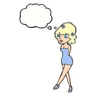 cartoon woman posing in dress with thought bubble N34