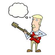 cartoon man playing electric guitar with thought bubble N19