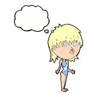 cartoon woman in swimsuit shrugging shoulders with thought bubbl N6