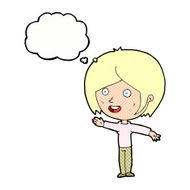 cartoon happy girl waving with thought bubble N10