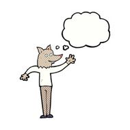 cartoon waving wolf man with thought bubble N6