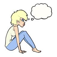 cartoon woman sitting with thought bubble N17
