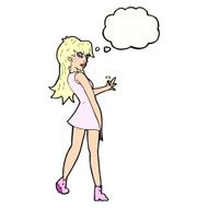 cartoon woman posing in dress with thought bubble N35