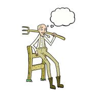cartoon old farmer leaning on fence with thought bubble N7