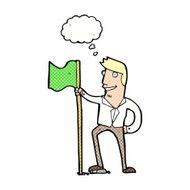 cartoon man planting flag with thought bubble N8