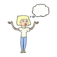 cartoon woman holding up hands with thought bubble N19