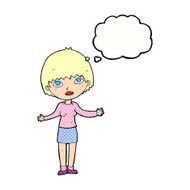 cartoon woman shrugging with thought bubble N58