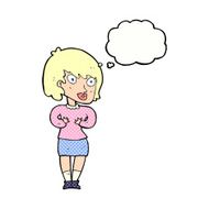 cartoon woman making Who Me? gesture with thought bubble N45