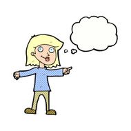 cartoon happy woman pointing with thought bubble N67