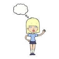 cartoon woman waving with thought bubble N336