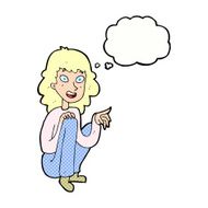 cartoon happy woman sitting and pointing with thought bubble N10