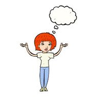 cartoon woman shrugging shoulders with thought bubble N485