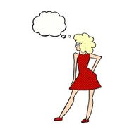 cartoon woman posing in dress with thought bubble N37