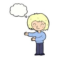 cartoon woman gestureing welcome with thought bubble N2