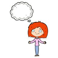 cartoon woman shrugging shoulders with thought bubble N486