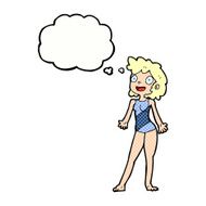 cartoon woman in swimming costume with thought bubble N10
