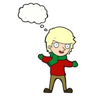 cartoon boy in winter clothes with thought bubble N9