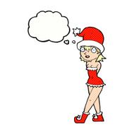 cartoon woman in christmas elf costume with thought bubble N10