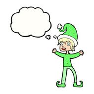 cartoon excited christmas elf with thought bubble N9