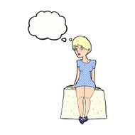 cartoon curious woman sitting with thought bubble N10