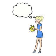 cartoon woman clapping hands with thought bubble N9